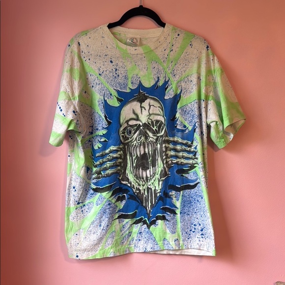 vintage 90s SKELETON BREAKTHROUGH ALL-OVER PRINT TIE-DYE T-Shirt LARGE skull XL - Picture 1 of 6